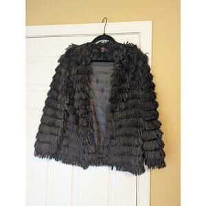 Audrey 3+1 Black Fringe Textured Tiered Open Front Jacket- Size Small- boho